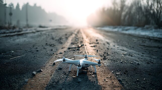 Drone on a desolate road at sunrise, capturing the essence of exploration and technology in a rugged landscape.