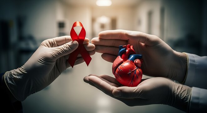 Gloved Hands Exchanging Red Awareness Ribbon and Anatomical Heart Symbolizing Health, Support, and Organ Donation