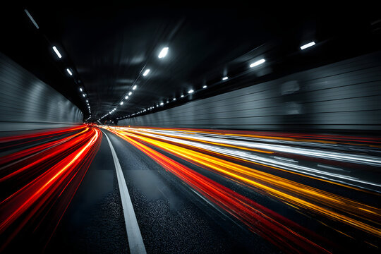 Car and truck light trails. Long exposure photo taken in a tunnel below Veliko Tarnovo