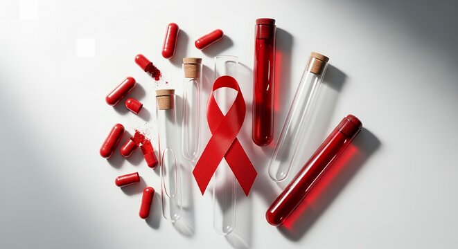 Red AIDS Awareness Ribbon Surrounded by Test Tubes and Red Pills/Capsules on a White Background - Powered by Adobe
