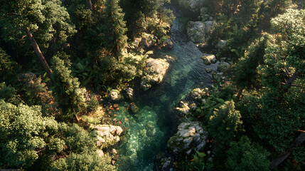 Forest with stream running through it, overhead view