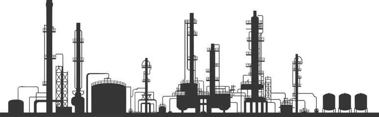 Industrial oil refinery factory silhouette vector illustration showing petrochemical plant, energy production, and gas processing infrastructure concept design.