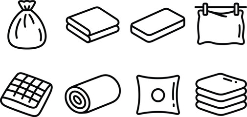 Laundry and fabric item icon set with towel, blanket, pillow, and washing symbols, clean household vector illustration collection.