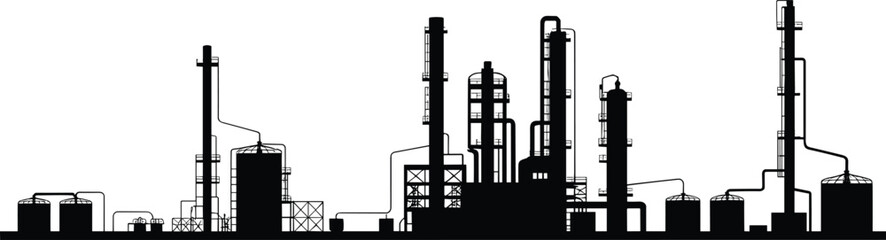 Industrial refinery factory silhouette vector illustration showing oil processing plant, chemical industry, and energy production infrastructure concept design.