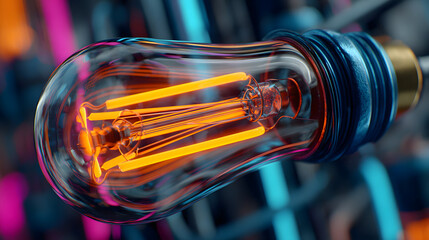 Generative AI abstract illustration of colorful neon circuit with glowing orange lamp on black surface