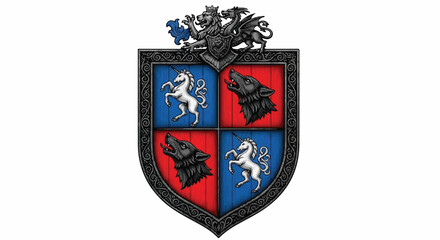 Flat 2D engraved medieval fantasy heraldic shield featuring a mythical beast crest with prominent unicorn and wolf symbols isolated on a clean white background.