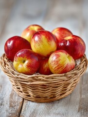Fresh Red and Yellow Apples in Wicker Basket on Wooden Surface