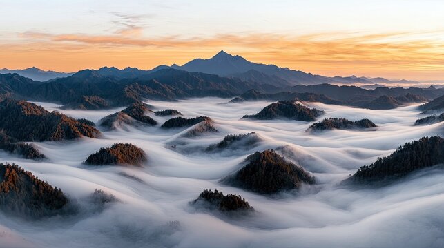 A breathtaking aerial view of rolling mountain ranges partially submerged in a thick, ethereal sea of clouds. The peaks are covered in dark green forests, and t - Powered by Adobe