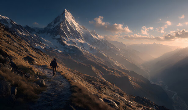 Goal to success for level up with pathway line or step route to mountain peak.human performance limit concepts.growth mindset and motivation.generative ai technology