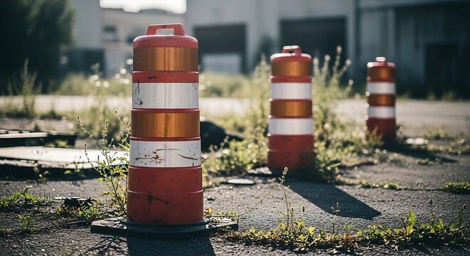 Road construction zone with three orange and white safety barrels standing on asphalt surface surrounded by overgrown weeds.