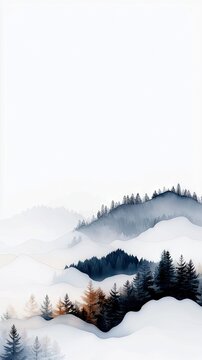 A serene, misty landscape featuring layered snow-covered mountains and dark pine trees, rendered in a watercolor style with a muted color palette.