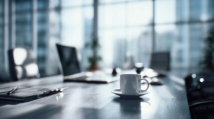 Coffee break in modern conference room with city view and natural light