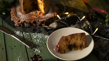 Single Slice of Panettone with Rustic Holiday Decor