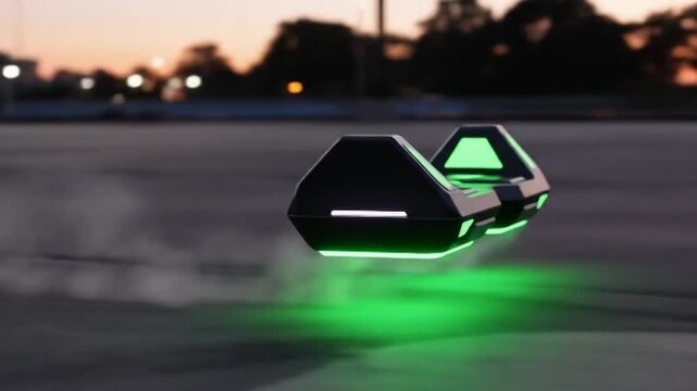 Futuristic hoverboard with green lights and smoke effects moves on asphalt