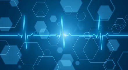 Abstract medical background with a glowing blue electrocardiogram (ECG) heartbeat line and hexagonal patterns, symbolizing health monitoring and technology.