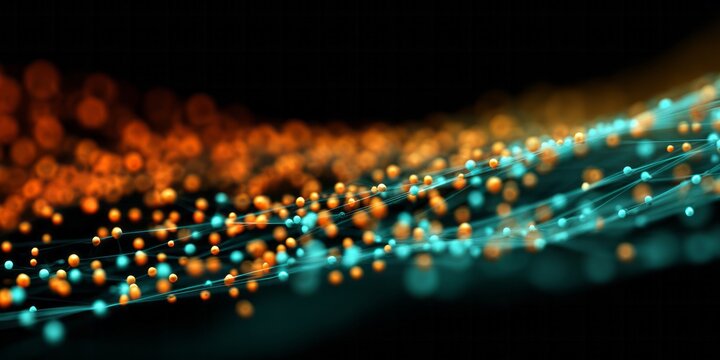 Glowing digital particles flow dynamically across a dark background in an abstract representation of data transfer. - Powered by Adobe