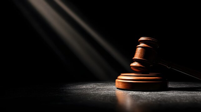 Gavel on dark background with dramatic light, symbolizing justice and law.