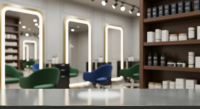 Close-up of a countertop with blurred background of a modern hair salon with mirrors, product shelves, and chairs.