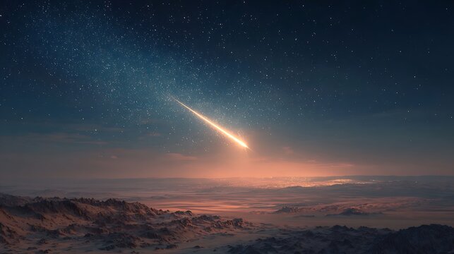 Awesome photo of shooting star illuminates the night sky above a misty landscape.