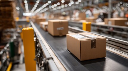 Awesome photo of cardboard boxes on conveyor belt in warehouse for shipping and distribution.