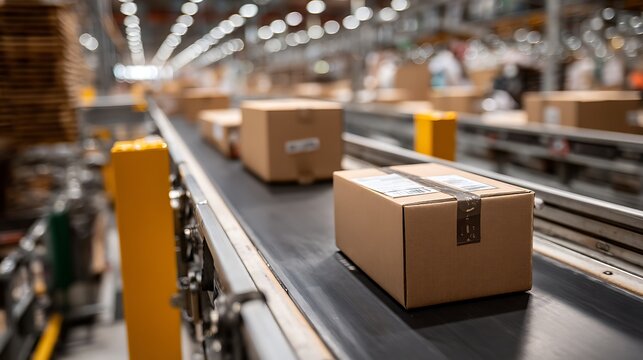 Awesome photo of cardboard boxes on conveyor belt in warehouse for shipping and distribution.