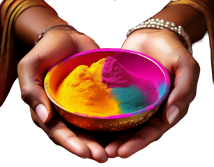 Hands holding gulal color bowls, PNG