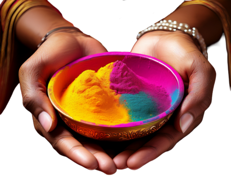 Hands holding gulal color bowls, PNG