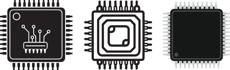 Monochrome Electronic Chip Icons with Square Forms and Circuitry Details