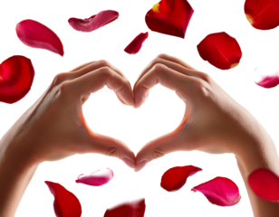 Two hands forming a heart shape with rose petals falling,