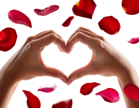 Two hands forming a heart shape with rose petals falling,