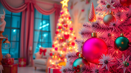 Vibrant Pink and Traditional Christmas Trees Dazzling with Ornaments and Warm Lights, Creating a Cozy and Joyful Festive Holiday Scene in a Beautifully Decorated Room