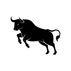 Obraz premium A stylized, powerful black silhouette of a bull rearing up on its hind legs against a white background.