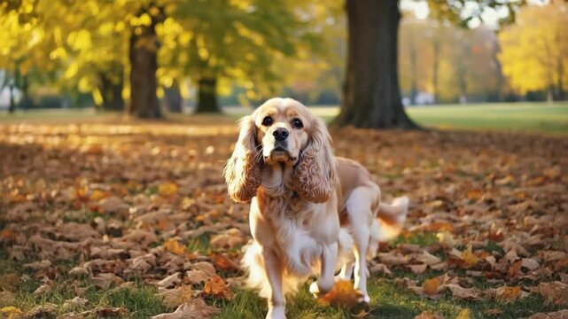 Cocker spaniel standing in a park covered in autumn leaves during the golden hour light dog video