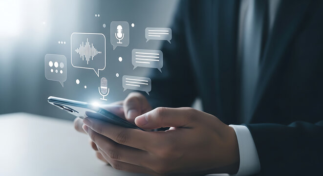 Businessman uses smartphone with voice messages, microphone and speech bubbles hovering above screen. - Powered by Adobe
