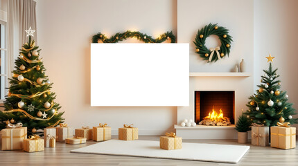 Cozy Christmas Living Room A Festive Scene with Trees, Fireplace, and Holiday Decorations