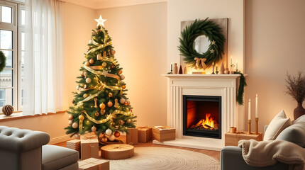 Cozy Christmas Interior Festive Holiday Decor, Christmas Tree, Fireplace, Gifts, and Warm Ambiance