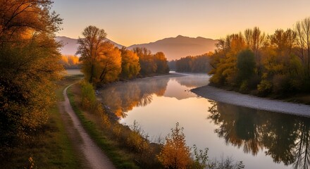 Serene lake surrounded by lush green trees, calm water reflecting forest landscape, peaceful nature scene under soft daylight, perfect for relaxation and travel concepts.