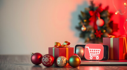 Online Shopping For Christmas Gifts With Festive Decorations And A Laptop Computer