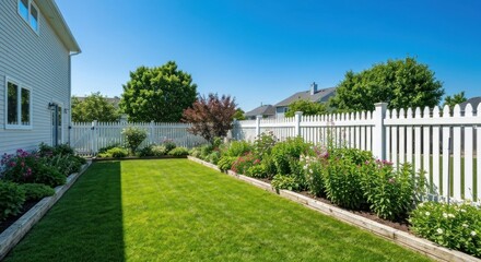 Naklejka premium Lush backyard with a green lawn, flowers, and a white picket fence