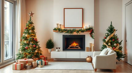 Cozy Christmas Scene with a Decorated Tree, Fireplace, and Gifts, Perfect for Holiday Greetings and Festive Decorations