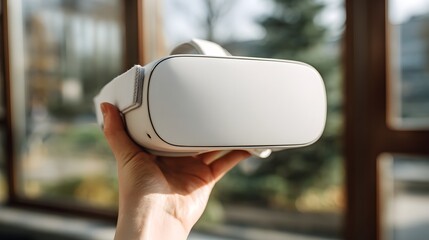 Hand holding a white virtual reality headset against a blurred background.