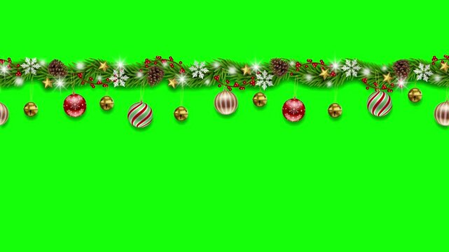 christmas animated frame with pine branches and decorations. christmas garland with animated christmas balls and ligts. christmas motion graphic