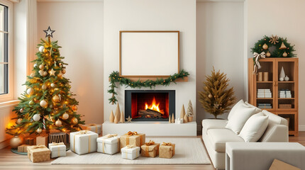 Festive Holiday Season A Cozy Christmas Living Room with Decorated Fireplace