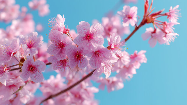 Beautiful pink cherry blossoms against clear blue sky background - Powered by Adobe