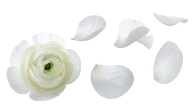A Delicate White Ranunculus Flower With Scattered Petals Against A White Background, Perfect For Floral Design