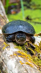 Obraz premium A small turtle resting on a mossy log near a pond.