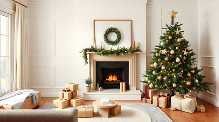 Holiday Cheer Cozy Christmas Living Room with Festive Tree and Gifts for a Festive Season