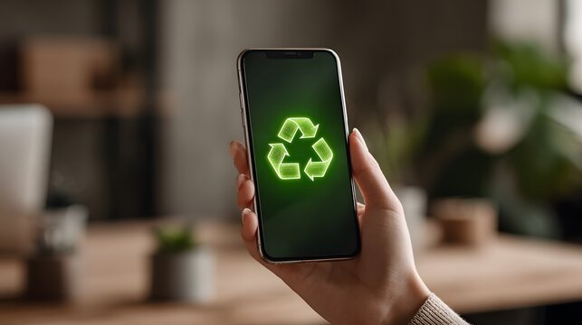 Hand holding smartphone with glowing green recycling symbol on screen, representing eco-friendly technology and sustainability.