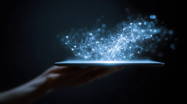 Hand holding tablet with glowing network connection. - Powered by Adobe