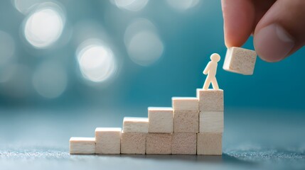 Hand places a block to help a person climb a staircase of cubes, symbolizing support and progress.